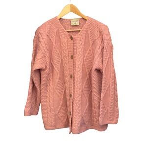 Vintage Connemara Knitwear Cardigan Pink Merino Wool Irish Cable Knit Sweater